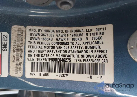 2011 Honda Civic Lx from USA, damaged, VIN 19XFA1F50BE046275